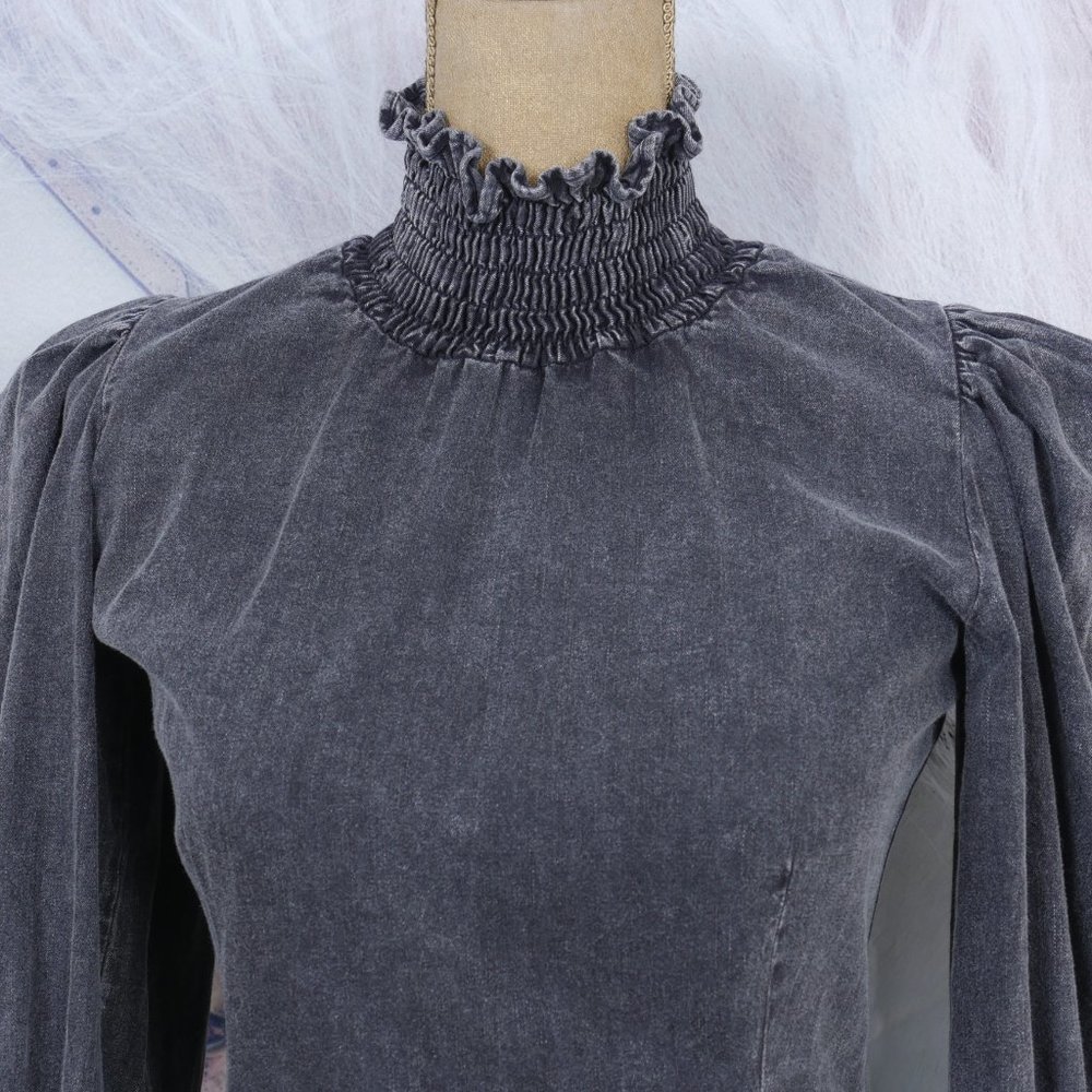 Zara "The 80's Collection" Black Acid Washed High Neck Puff Long Sleeve S XS Top - Picture 4 of 10